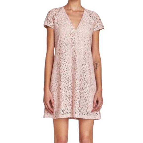 Zara Dusky Rose Floral Lace Shift Dress Cap Sleeves V-neck Loose Fit - Picture 1 of 9